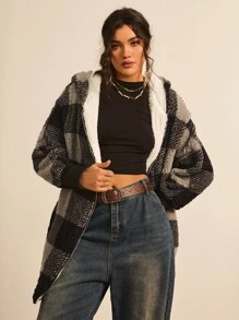 Freevana Plus Buffalo Plaid Pattern Drop Shoulder Hooded Teddy Coat Winter Fall Autumn - Black and White - View 3