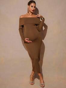 MaterniChic 孕妇纯色露肩长袖修身针织连衣裙 - 棕色 - 查看 3