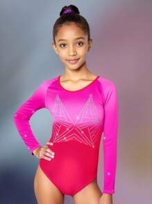 SHEIN 青少年女孩体操和芭蕾舞高弹亮片渐变色长袖紧身衣舞蹈服运动服表演服，适合所有季节 - 彩色 - 查看 1