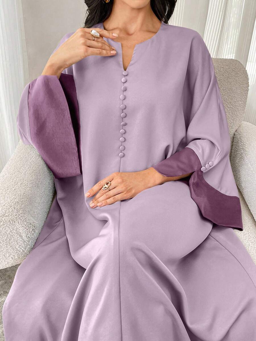 Al Najma 女式 V 领撞色喇叭袖阿拉伯长裙，端庄优雅的全罩式长裙，适合日常休闲/节日/晚会/婚礼宾客