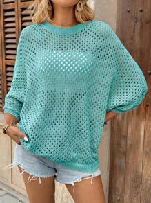 EMERY ROSE Casual Loose Round Neck Batwing Sleeves Hollow Knitted Apricot Sweater For Women, Spring And Autumn - Mint Blue - View 7