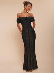 COSMINA 女士优雅露肩中长连衣裙，适合度假、春夏季 - 黑色 - 查看 4