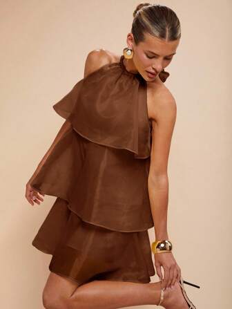 COSMINA Women's Elegant Multi-Layer Halter Mini Dress, Summer Tiered Brown Dress