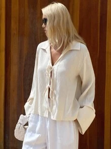 DAZY Jaqueta leve feminina de cor sólida, casual, com gola virada para baixo, manga comprida e amarração - Damasco - Ver 3