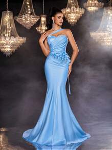 Glamrae Váy dạ hội đuôi cá xếp ly ngọc trai thủ công màu xanh thanh lịch và lãng mạn - Màu xanh lam - Xem 1