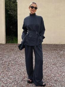 DAZY Women's Striped Casual Denim-Look Tie-Up Shirt & Elongated Pants Two Pieces Set, Korean Style, Elegant, Spring/Autumn - Blue - View 1