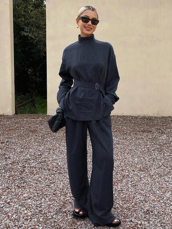 Livesso Women's Autumn High Collar Long Sleeve Cinched Waist Top And Loose Striped Pants 2 Pieces Set