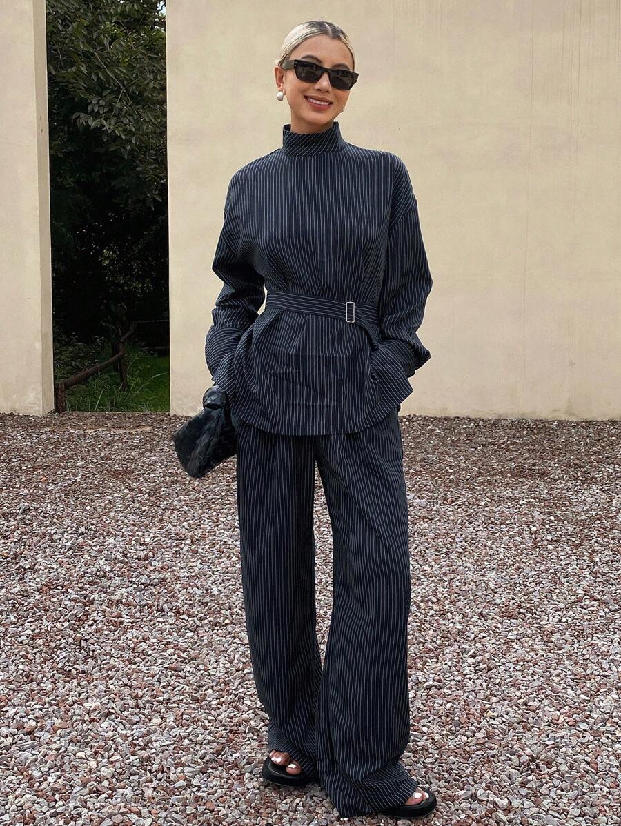 DAZY Women's Striped Casual Denim-Look Tie-Up Shirt & Elongated Pants Two Pieces Set, Korean Style, Elegant, Spring/Autumn - Blue - View 1