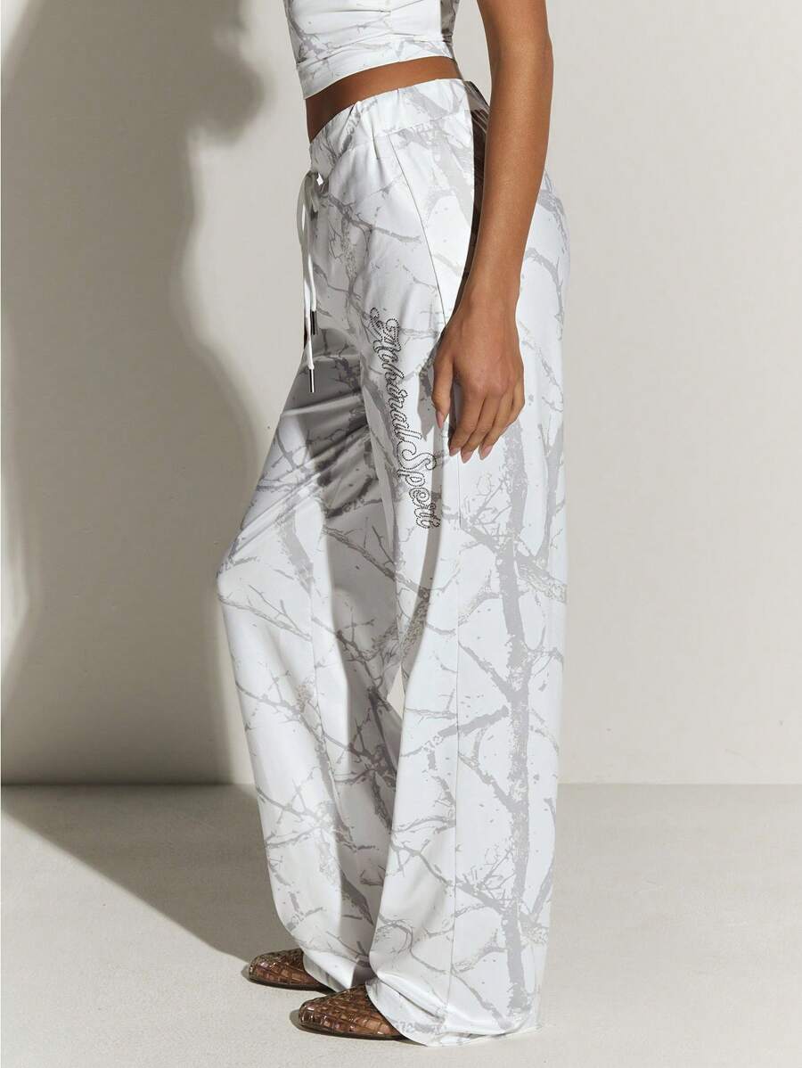 Athîral Calça feminina casual de perna reta com estampa de galhos, ideal para usar em casa, para o dia a dia, para a volta às aulas e para o outono. - Damasco - View 1