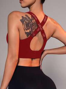 Easithlete 女士字母提花交叉后背休闲健身运动文胸 - 紅色 - 查看 3