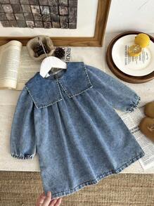 SHEIN Robe en jean ample à manches lanternes lavées avec col surdimensionné, style mode été pour bébé fille. Convient pour les sorties, les courses, les fêtes, les activités décontractées à la maison et en extérieur