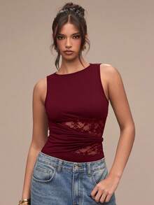 SHEIN BAE Women's Solid Color Lace Patchwork Sheer Round Neck Sleeveless Bodysuit - Burgundy - View 5