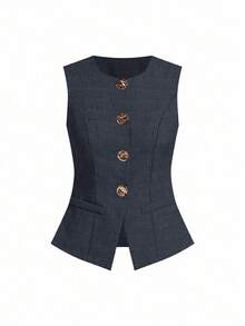 Ellevyn Women's Sleeveless Vest With Metal Button Closure, Suitable For Commuting - Navy Blue - View 4