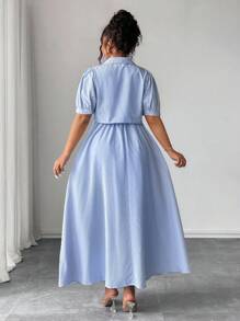 Elenzga Plus Size Women's Elegant Woven Tie-Waist Mid-Sleeve Collared Shirt & Striped Maxi Dress 2 Pieces Set - Blue and White - View 7