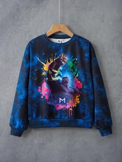 GODZILLAxKONG X SHEIN Sweat-shirt-shirt ample en tricot lâche avec col ras du cou, motif graphique de gorille tie-dye, style sportif décontracté de rue pour garçon préadolescent
