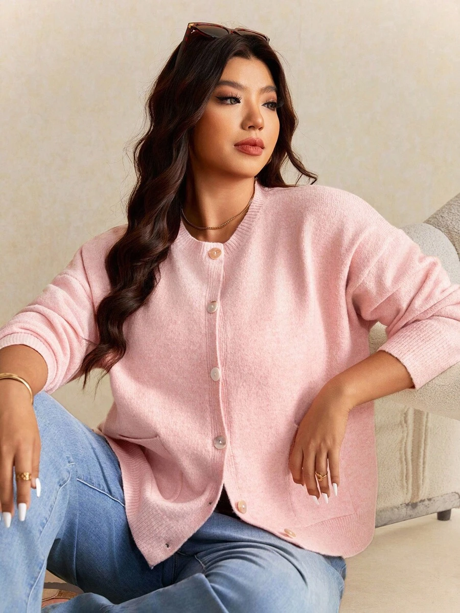 Elaquor Áo len cardigan dáng rộng màu hồng thanh lịch tối giản kiểu Pháp cỡ lớn dành cho nữ vào mùa thu/đông - Hồng - Xem 1