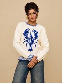 Travachic 大码女式条纹撞色饰边和色块休闲度假毛衣，饰有龙虾图案，秋冬龙虾毛衣女式毛衣龙虾服装女式套头衫新奇毛衣女式毛衣套头衫沙滩毛衣秋季女式外出上衣大码女式毛衣白色毛衣 - 藍白色 - 查看 4