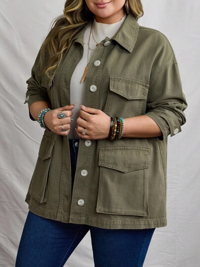 EMERY ROSE Women Plus Size Fall Casual Versatile Solid Color Denim Jacket