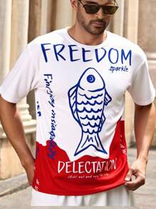 Manfinity VCAY 休闲男士宽松涂鸦鱼印花落肩短袖T恤，图案T恤，街头风夏季超大款T恤，返校季