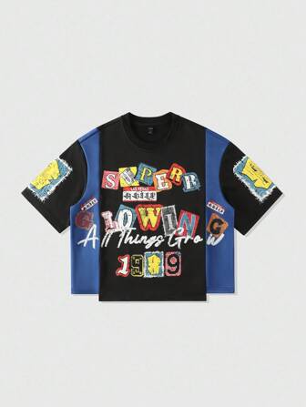 Street Life T-shirt da uomo con stampa patchwork, stile oversize corto, stile retrò da strada