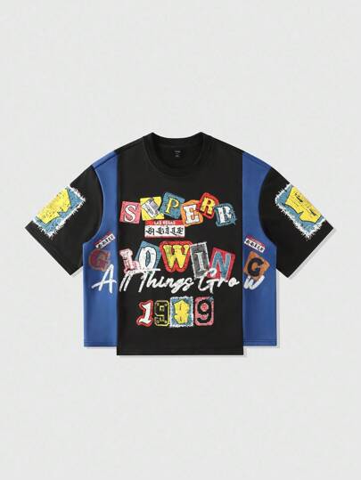 Street Life Men's Patchwork Letter Print T-Shirt, Loose Cropped Style, Retro Street