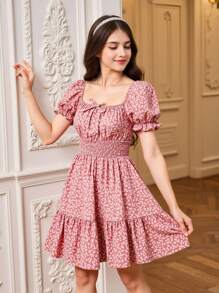 SHEIN Teen Girl Ditsy Floral Print Ruffle Hem Dress - Dusty Pink - View 8