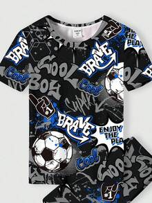 SHEIN 2 件装青少年男孩休闲卡通印花短袖 T 恤和裤子贴身家居服套装，春夏 - 白色 - 查看 3