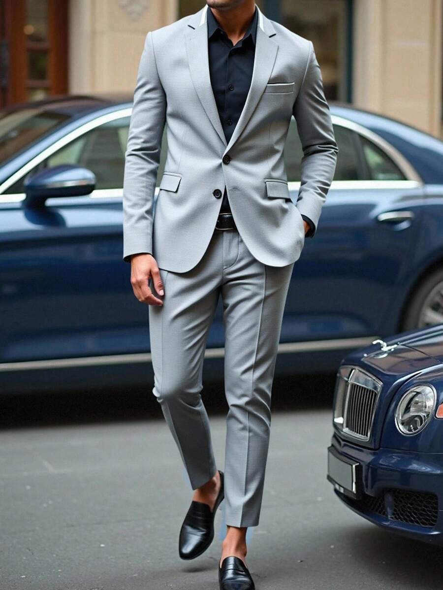 Manfinity Bizformal Men's Lapel NeckLong Sleeve Jacket And Pants Casual Suit Set