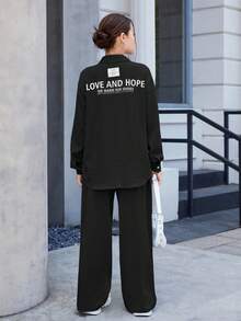 SHEIN Teen Girls' Textured Letter Print Shirt & Wide Leg Pants 2 Pieces Set, Early Autumn Transitional - Black - View 4