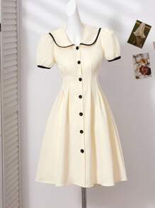 SHEIN Tween Girl Casual Color Contrast Trim Front Button Dress, Summer - Multicolor - View 7