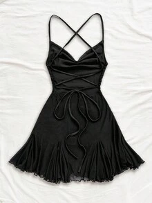 Soleia 女士度假细肩带迷你连衣裙，低胸领口，露背，蝴蝶结，鱼尾，性感风格，迷你连衣裙，及膝长裙，购物，浪漫，约会，海滩装，网眼，年轻，少女 - 黑色 - 查看 2