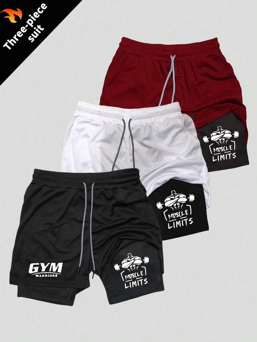 Gym Rark Men's Letter Print Drawstring Waist Double Layer Sports Shorts Sweat Pants - Burgundy - View 1