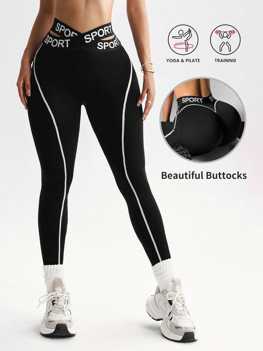 Easithlete 1 件女式字母弹性交叉腰带紧身裤，适合跑步、健身、锻炼 - 黑色 - 查看 1