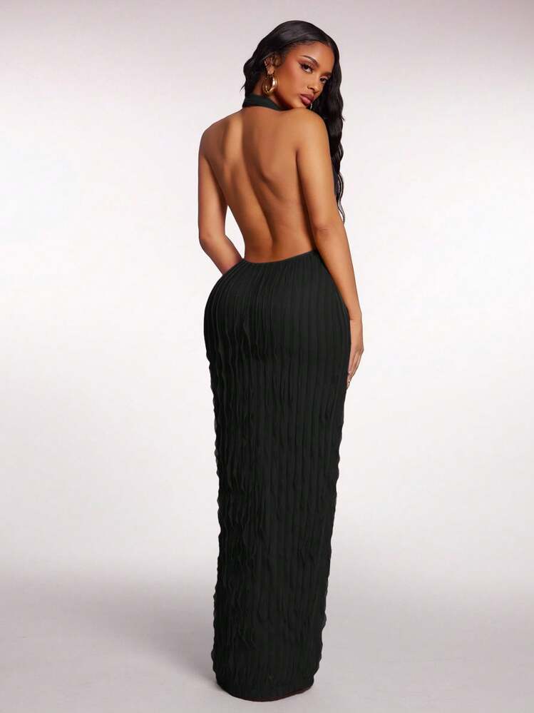 Radiana Women's Sexy V-Neck Backless Ruffle Dress, Summer,Bodycon Dress,Club Outfits Red Long Dress Low Cut Dress Halter Maxi Dress Deep V Dress Pleated Maxi Dress,Business, Retro, Party, Resort, Outing, Old Money,Siren Coquettish, Prom, Ball, Valentine's Day, Cruise Attire, Commuting,  Richly Layered, Date Night, Gathering, Minimalism, Birthday, Formal Event, Break, Modest, Chic, Casual, Shopping, Street Wear, Going Out, Coquette - Black - View 2