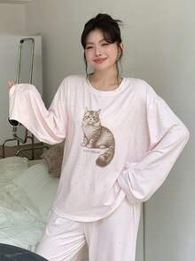 Dazy Plus Plus Size Women Polka Dot Cat Print Loose Fit Round Neck Top And Pants Pajama Set, Pink, Fall Clothes, Cozy Outfits