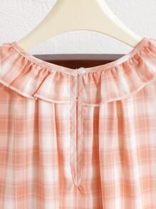 SHEIN Dozemod Tween Girl 青少年女孩简约韩版格纹荷叶边领泡泡袖长款宽松梭织睡袍 - 彩色 - 查看 4