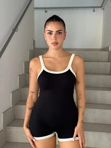 Lucia Bellido 無縫顏色對比火辣女孩連身衣，修身連身背心連身衣 - 黑色 - 查看 4
