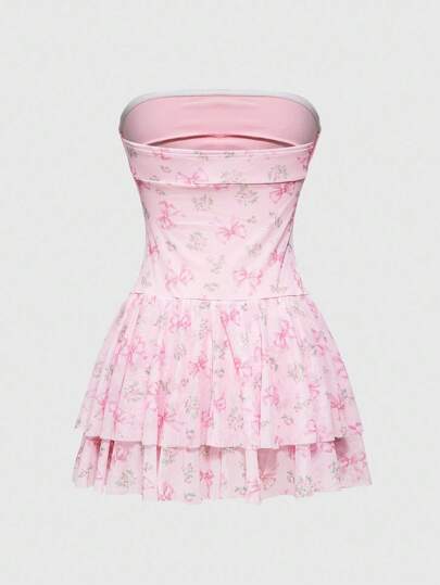 Kawaii Vestido mini con volantes de encaje, decoración de lazo de cinta y estampado de moños lindo para mujer