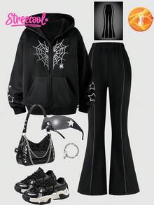 SHEIN Explorewe Streecool Kids Teen Girls 2 Pieces Set Spider Print Hoodie Jacket&Reflective Striped Flare Pants,Black Autumn Streetwear Graduation Back-To-School - Black - View 1