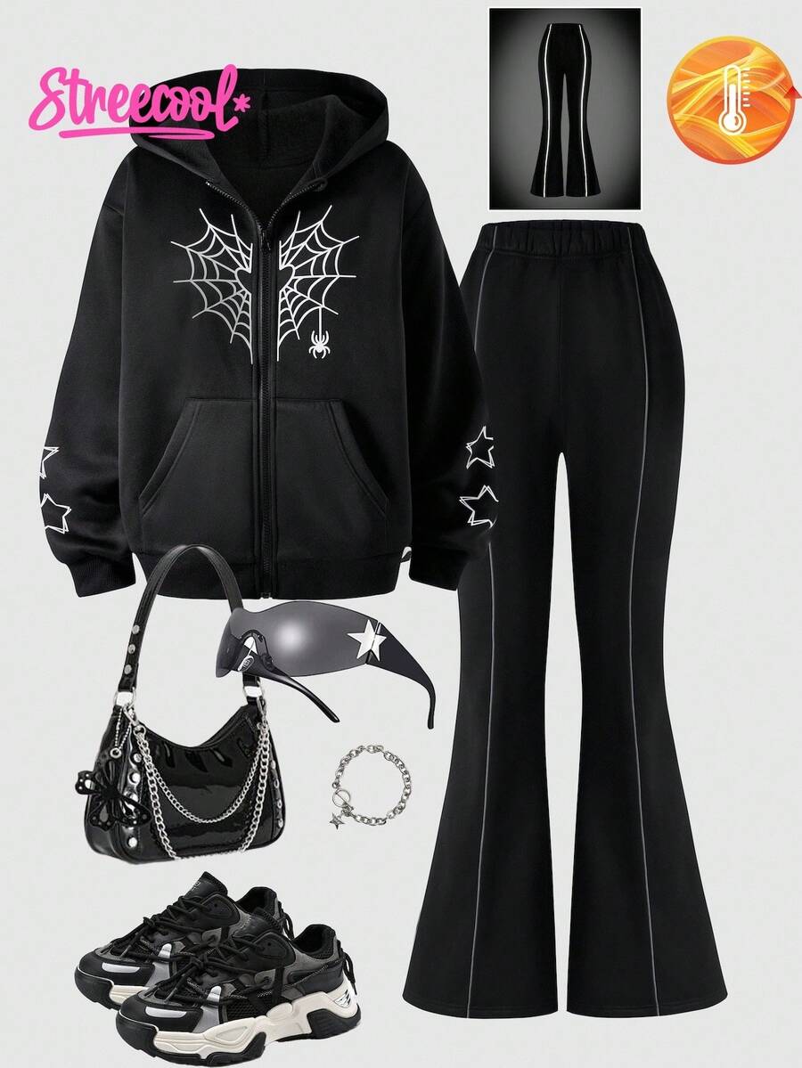 SHEIN Explorewe Streecool Kids Teen Girls 2 Pieces Set Spider Print Hoodie Jacket&Reflective Striped Flare Pants,Black Autumn Streetwear Graduation Back-To-School - Black - View 1