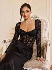 Glamine Charm Bộ đồ liền thân ren vá màu trơn cổ tim gợi cảm trong suốt có tay dài dành cho nữ - màu đen - Xem 9