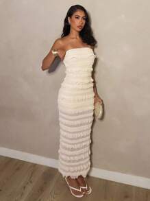 Glamine 米色蕾丝露背褶饰长裙、约会夜服装、生日服装、婚礼宾客礼服、独立日礼服、蜜月服装、街头服饰、秋季女装 - 米色 - 查看 2