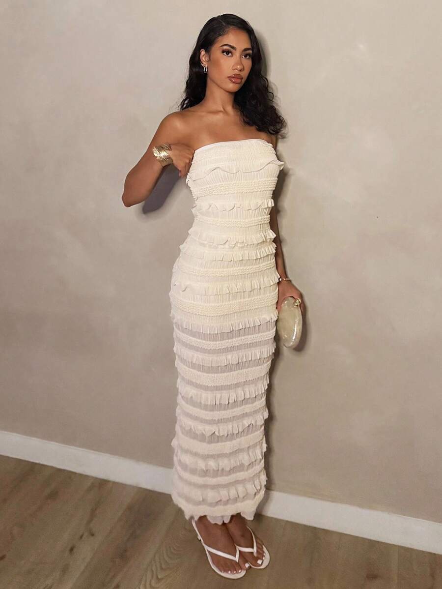 Glamine 米色蕾丝露背褶饰长裙、约会夜服装、生日服装、婚礼宾客礼服、独立日礼服、蜜月服装、街头服饰、秋季女装