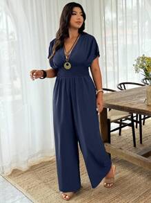 EMERY ROSE Plus Size Solid Color V-Neck Short Sleeve Jumpsuit - Navy Blue - View 4