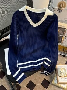 Casual Versatile Striped Slim Fit Sweater Fall Winter Cloth For Women - Navy Blue - View 1