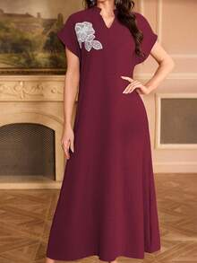 Al Najma 刺绣领花插肩袖立领优雅连衣裙 - 酒紅色 - 查看 4