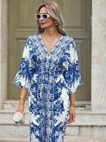 EMERY ROSE Women's Deep V-Neck Floral Printed Waist-Tightening Dress Maxi Vacation Beach Outfit