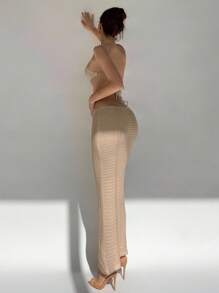 Aloruh 女士休闲U领低胸镂空针织修身无袖毛衣连衣裙 - 杏色 - 查看 7