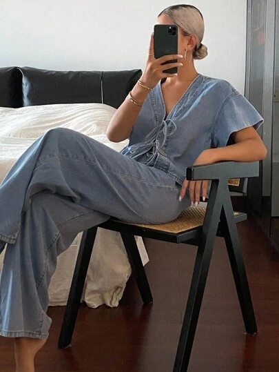 Livesso Women's Summer Short Sleeve Tie Front Top And Loose Fit Denim Pants Set