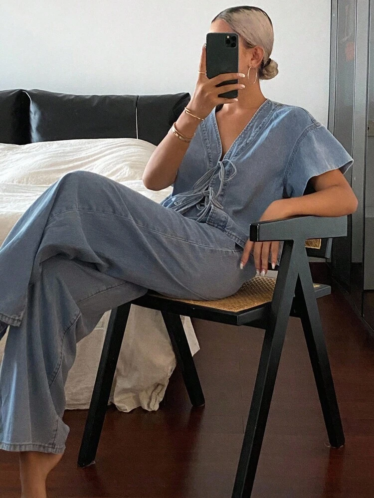 Tall Women's Summer Short Sleeve Tie-Front Top And Loose Wide-Leg Jeans Vacation Set